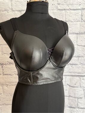 Black Faux Leather Longline Bra Top in 44D